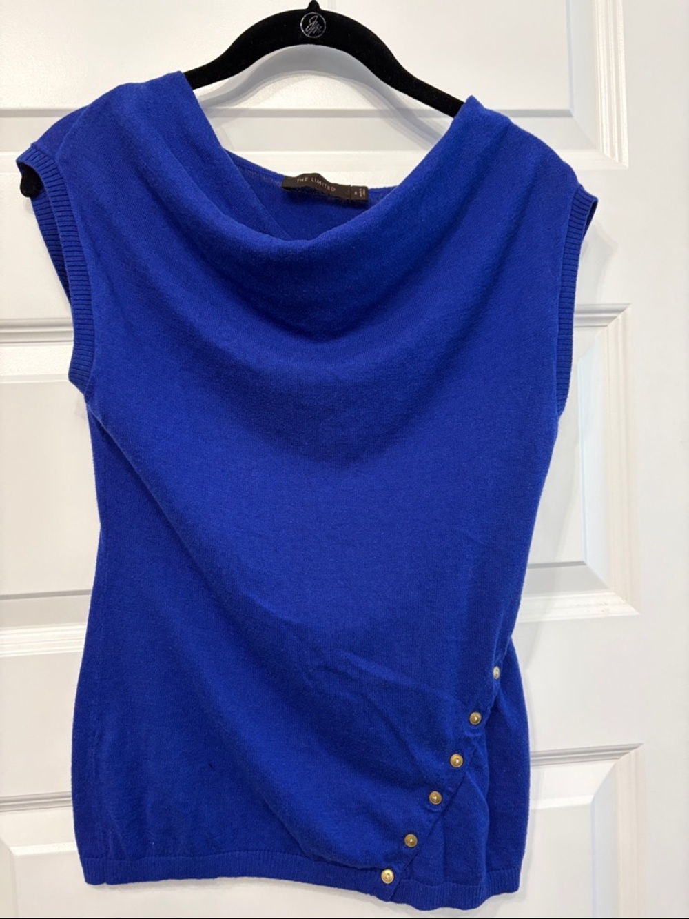 The Limited Cobalt Blue Sleeveless Draped Neck Sweater with Side Button Detail